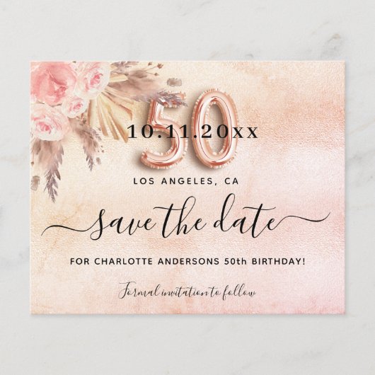 Begroting 50e verjaardagspampas roos behalve datum (Voorkant)