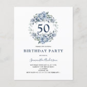 Begroting 50th Birthday Blue Floral Invitation (Voorkant)