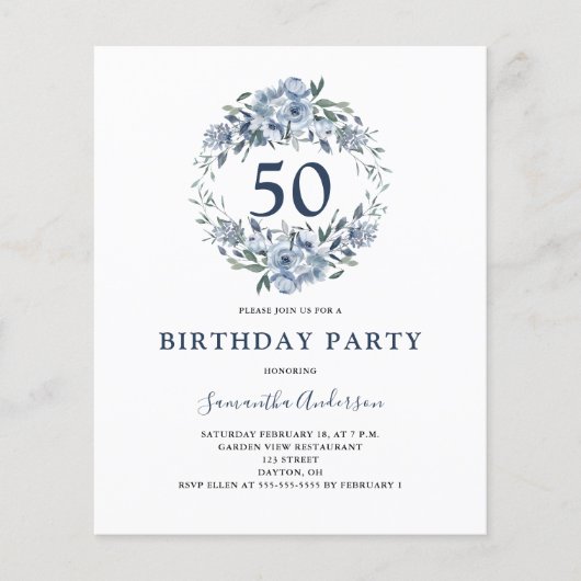 Begroting 50th Birthday Blue Floral Invitation (Voorkant)
