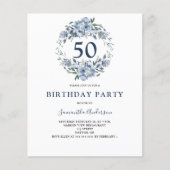 Begroting 50th Birthday Blue Floral Invitation Flyer (Voorkant)