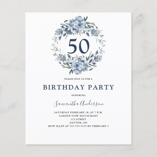 Begroting 50th Birthday Blue Floral Invitation Flyer (Voorkant)