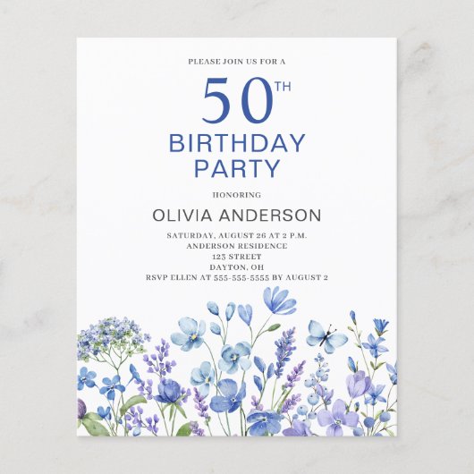 Begroting 50th Birthday Blue Floral Invitation Flyer (Voorkant)