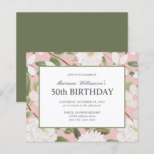 Begroting 50th Birthday Feminine White Flowers Pin (Voorkant / Achterkant)