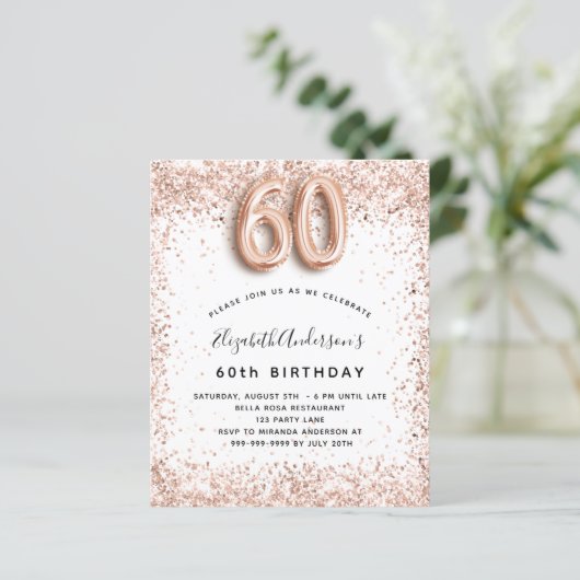 Begroting 60e verjaardag roos gouden uitnodiging (Staand voorkant)