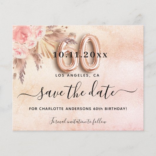 Begroting 60e verjaardagspampas roos behalve datum (Voorkant)