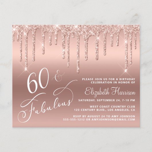Begroting 60th Birthday Glitter Roos Gold Invitati (Voorkant)