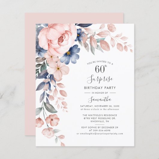 Begroting 60th Birthday Pink Floral Party Invitati (Voorkant / Achterkant)