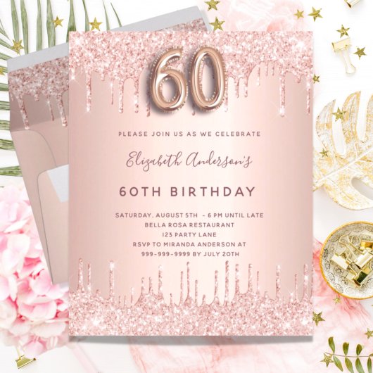 Begroting 60th Birthday roos Gold glitter roze dru