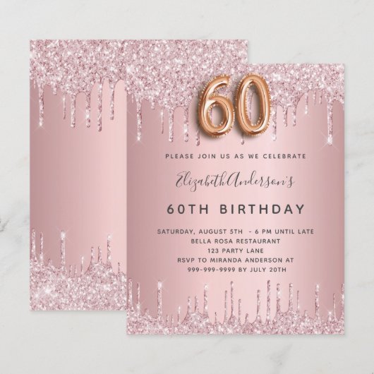 Begroting 60th Birthday roze stoffige roos glitter (Voorkant / Achterkant)