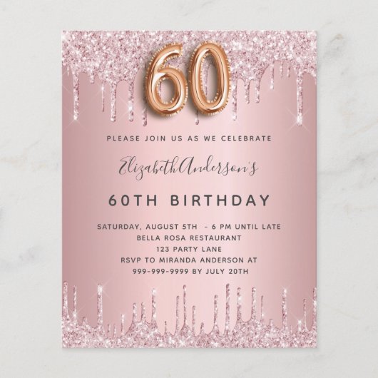 Begroting 60th Birthday roze stoffige roos glitter (Voorkant)