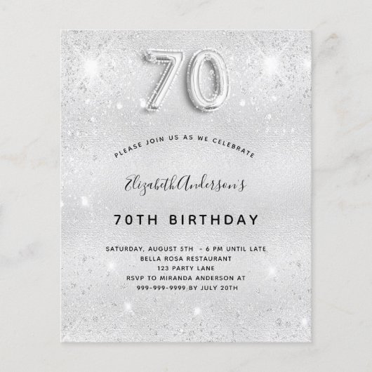 Begroting 70e verjaardag Silver Glitter-uitnodigin (Voorkant)