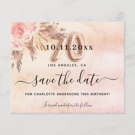 Begroting 70e verjaardagspampas roos behalve datum (Voorkant)