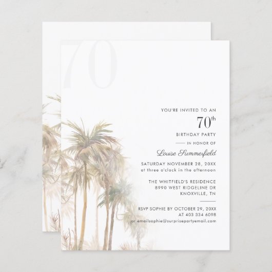 Begroting 70th Birthday Party Palm Tree Invitation (Voorkant / Achterkant)