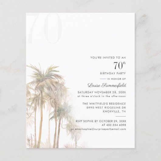 Begroting 70th Birthday Party Palm Tree Invitation (Voorkant)