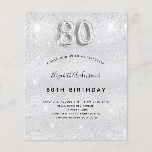 Begroting 80e verjaardag Silver Glitter-uitnodigin (Voorkant)