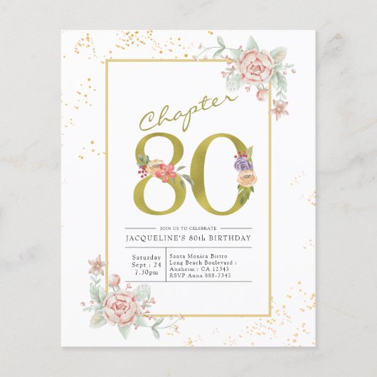 Begroting 80th Birthday Floral Gold Script Invitat Flyer (Voorkant)
