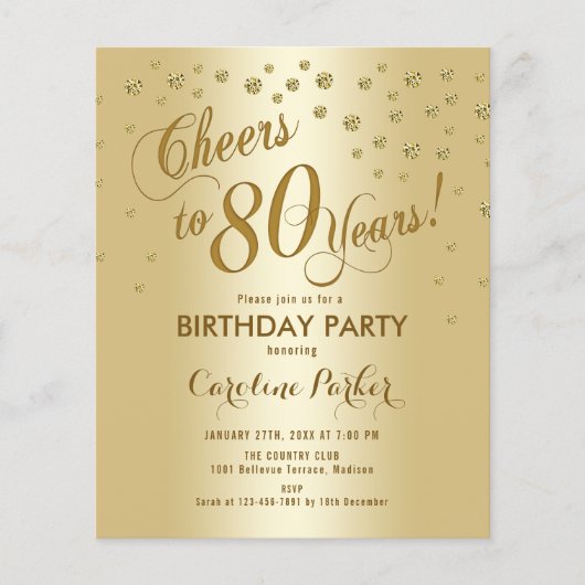 Begroting 80th Birthday Party - Gold Invite Flyer (Voorkant)