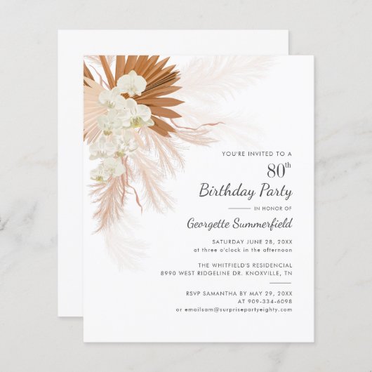 Begroting 80th Birthday Party Pampas Grass Invitat (Voorkant / Achterkant)