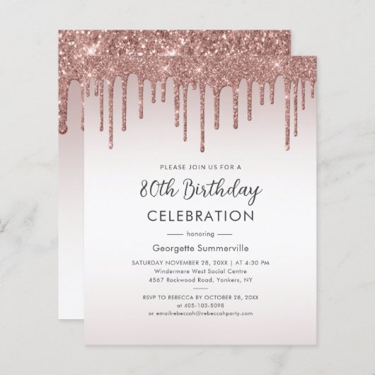 Begroting 80th Birthday Party Roos Gold Invitation (Voorkant / Achterkant)