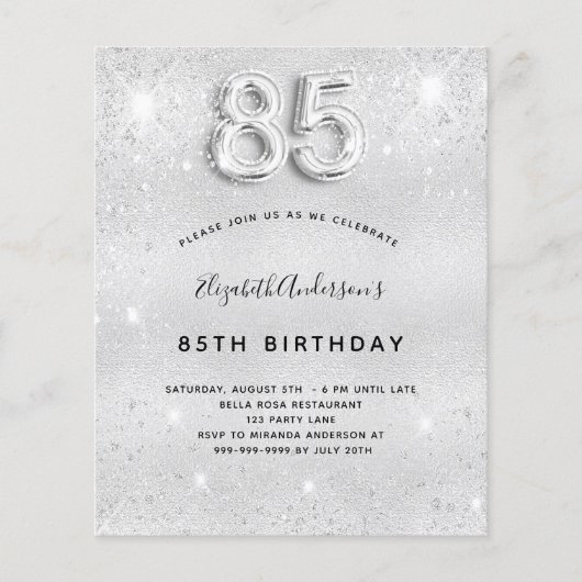 Begroting 85e verjaardag Silver Glitter-uitnodigin (Voorkant)