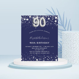 Begroting 90e verjaardag blauwe zilveruitnodiging 