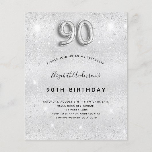 Begroting 90e verjaardag Silver Glitter-uitnodigin (Voorkant)