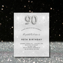 Begroting 90e verjaardag Silver Glitter-uitnodigin