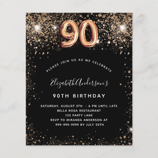 Begroting 90e verjaardag zwarte goudglitter-uitnod (Voorkant)