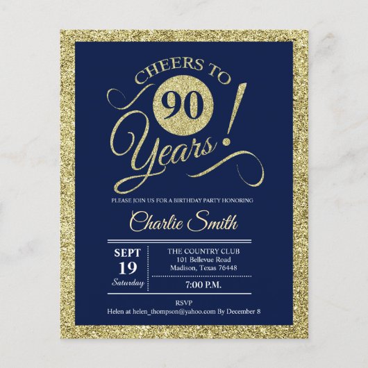 Begroting 90th Birthday - Navy Gold ELK JAAR uitge Flyer (Voorkant)