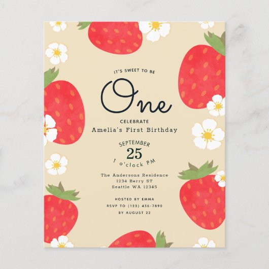 Begroting Aardbei 1e verjaardag uitnodiging (Voorkant)