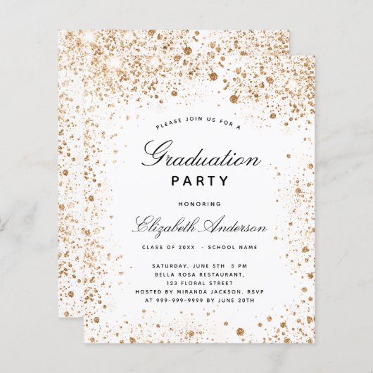 Begroting afstuderen witte goudglitter uitnodiging (Voorkant / Achterkant)
