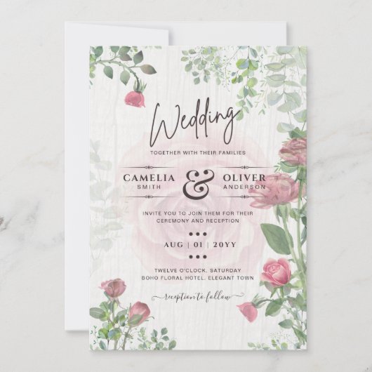 Begroting All-in-1 Dusty Pink Roses Floral Wedding Kaart (Voorkant)