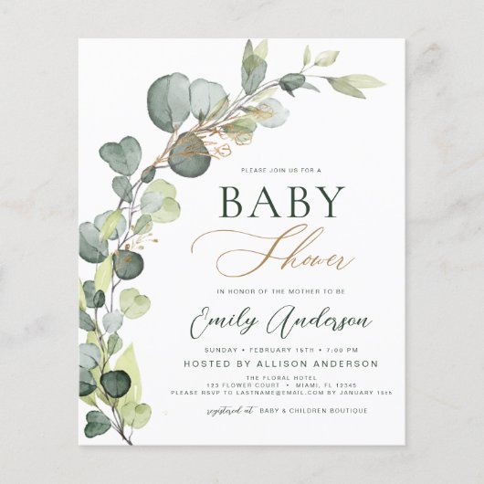 Begroting Baby shower Greenery Eucalyptus Invitati Flyer (Voorkant)