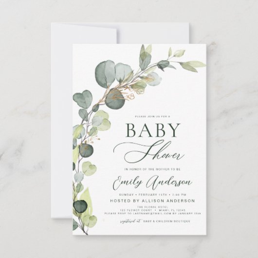 Begroting Baby shower Greenery Eucalyptus Invitati Kaart (Voorkant)