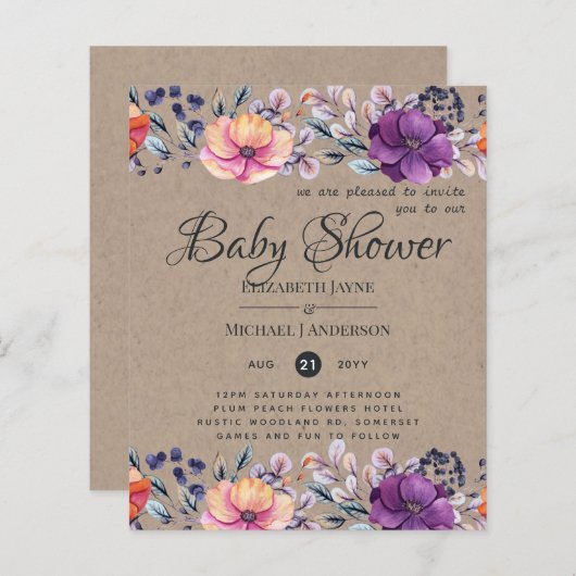 BEGROTING Baby shower Paars Oranje Floral Invite (Voorkant / Achterkant)