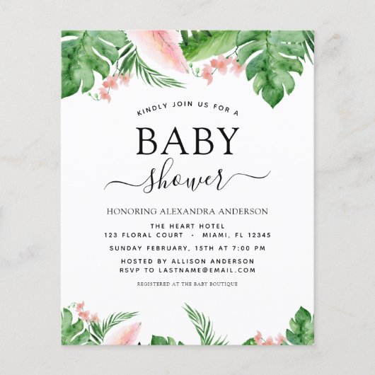 Begroting Baby shower Tropische palmsteun Waterver Flyer (Voorkant)