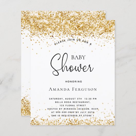 Begroting baby shower witte goudglitter uitnodigin (Voorkant / Achterkant)