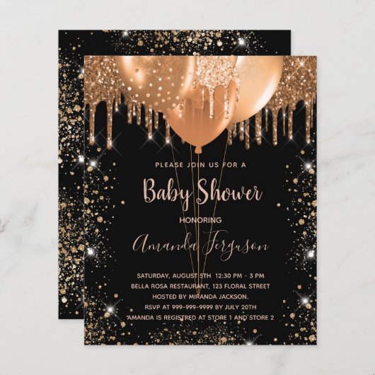 Begroting baby shower zwarte goudglitter uitnodigi (Voorkant / Achterkant)