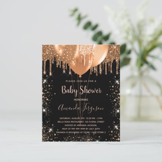 Begroting baby shower zwarte goudglitter uitnodigi (Staand voorkant)