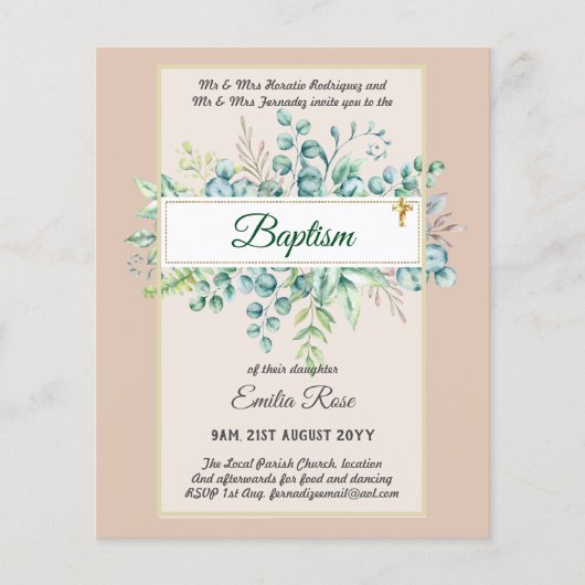 Begroting BAPTISM Christening Greenery Leaves Invi Flyer (Voorkant)