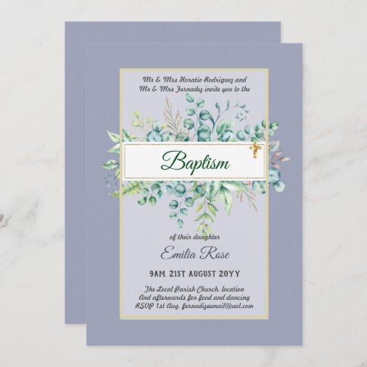 Begroting BAPTISM Christening Greenery Leaves Invi Kaart (Voorkant / Achterkant)