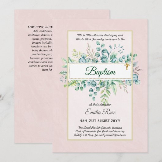Begroting BAPTISM Christening Greenery Leaves Invi Kaart (Voorkant / Achterkant)