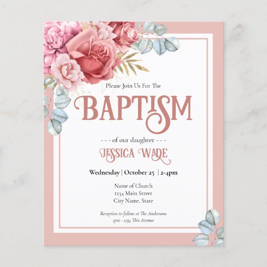 Begroting Baptism Pink Floral Uitnodigingen (Voorkant)