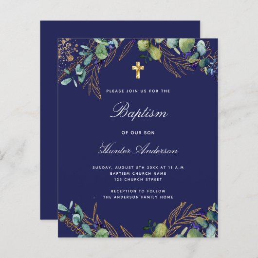 Begroting baptisme blue eucalyptusuitnodiging (Voorkant / Achterkant)