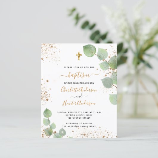 Begroting baptisme eucalyptus gold twint-uitnodigi (Staand voorkant)