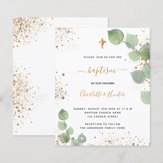 Begroting baptisme eucalyptus gold twint-uitnodigi (Voorkant / Achterkant)