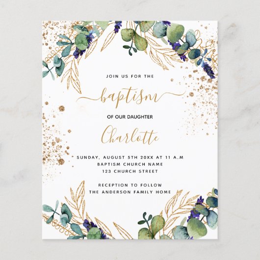 Begroting baptisme eucalyptus greenery Gold-uitnod (Voorkant)