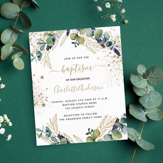 Begroting baptisme eucalyptus greenery Gold-uitnod