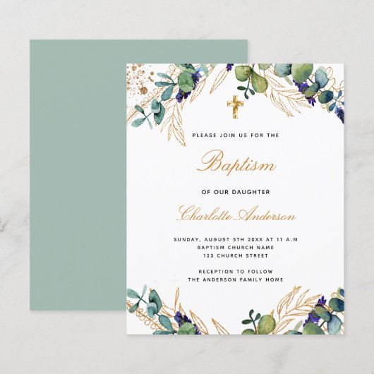 Begroting baptisme eucalyptus greenery Gold-uitnod (Voorkant / Achterkant)