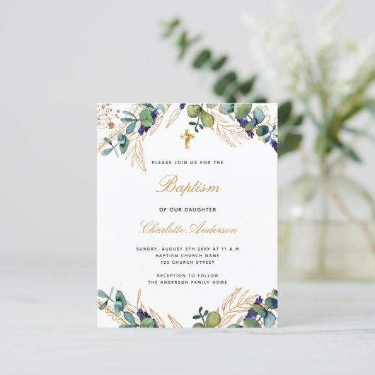 Begroting baptisme eucalyptus greenery roze uitnod (Staand voorkant)